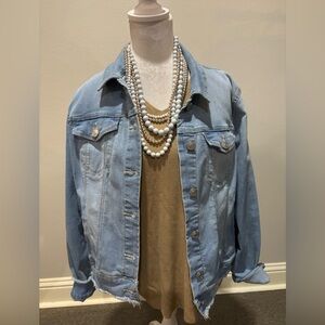 Nine West Button Front Denim Sarah Jean Jacket Frayed Raw Hem Size Large
